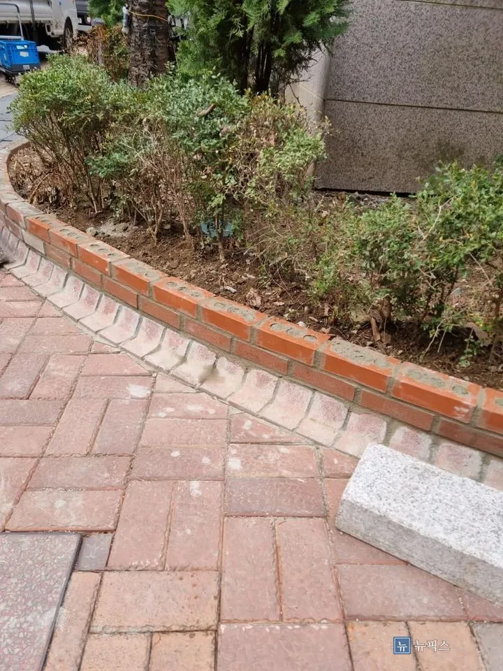 복구를 마친 화단 담장 전경과 정리된 보도블럭 바닥