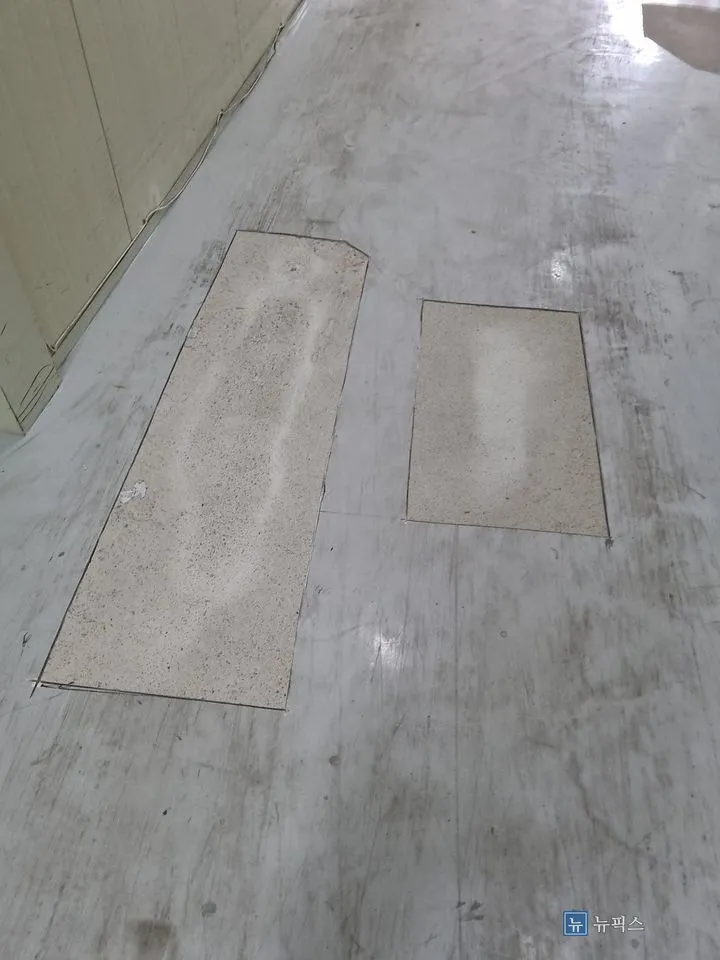 벗겨진 면을 따라 잘라내고 보수제로 채워 평탄화한 두 곳